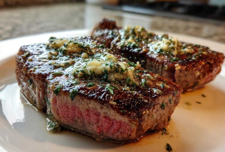 Two perfectly seared tuna steak portions, cooked medium-rare, topped with glistening garlic herb butter.