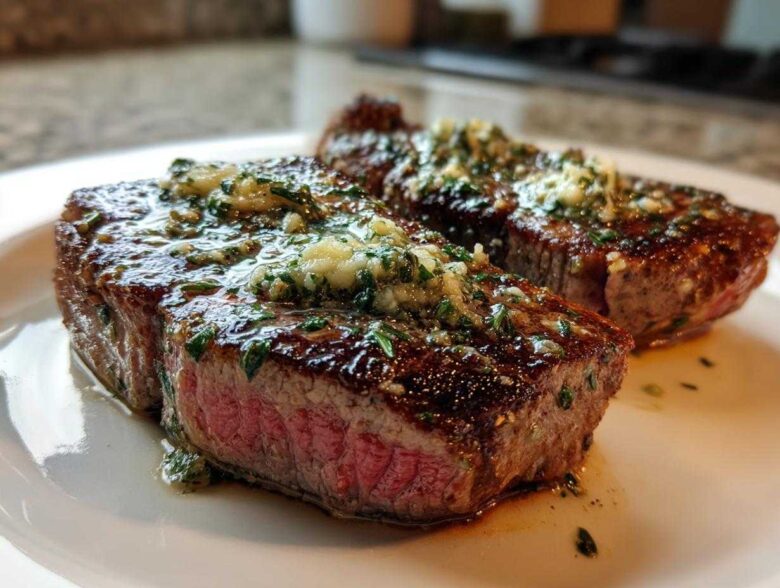Two perfectly seared tuna steak portions, cooked medium-rare, topped with glistening garlic herb butter.