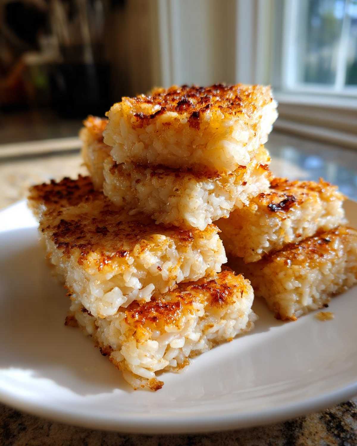 A stack of golden-brown, perfectly seared crispy rice squares resting on a white plate.