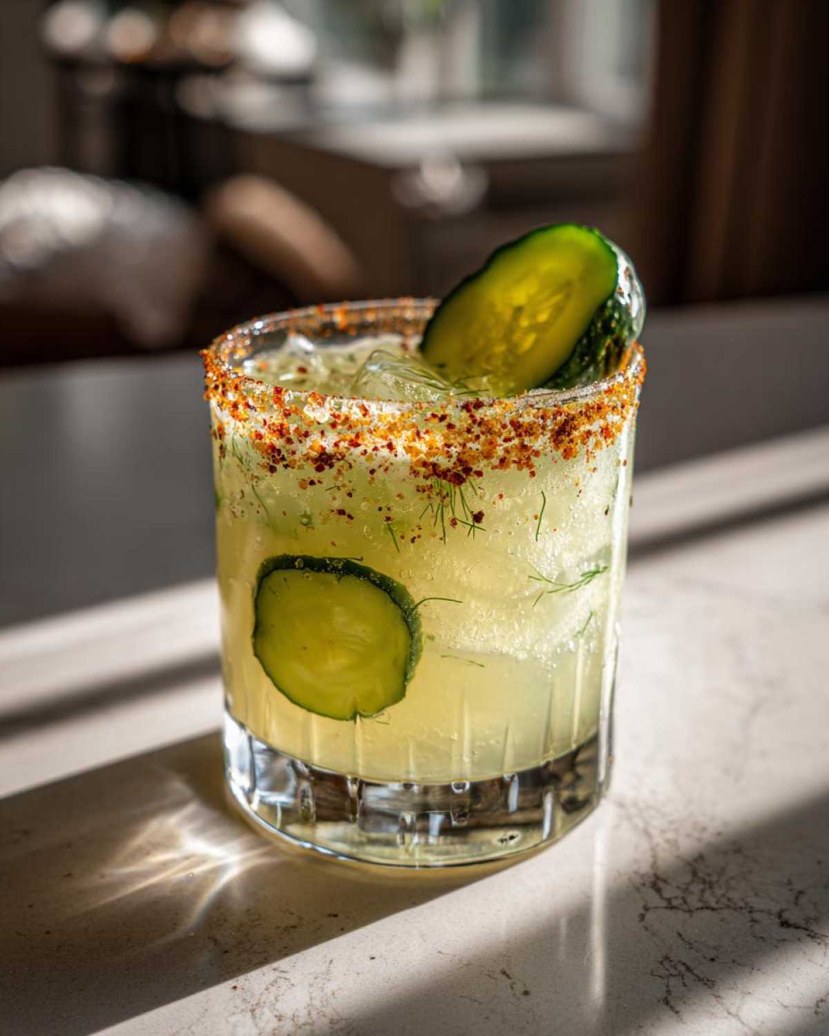 A bright Pickle Margarita cocktail in a rocks glass with a spiced rim and cucumber slices.