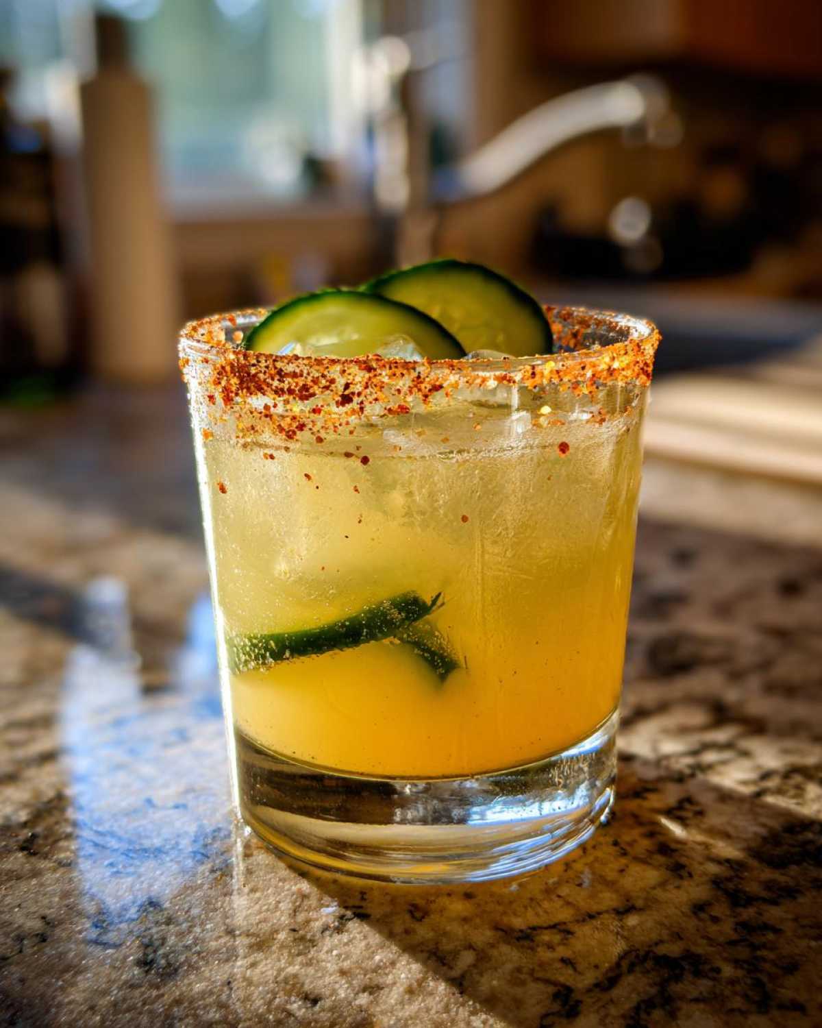 A close-up of a bright yellow Pickle Margarita in a rocks glass with a chili-salt rim and cucumber slices.