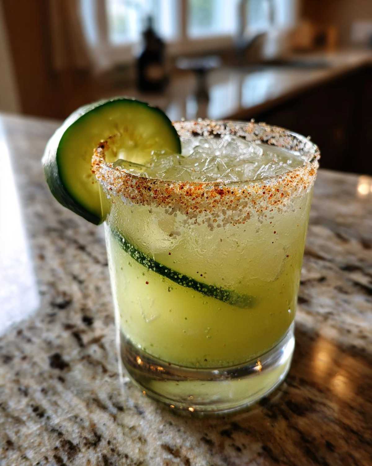 Close-up of a chilled Pickle Margarita in a rocks glass with a spiced rim and cucumber garnish.