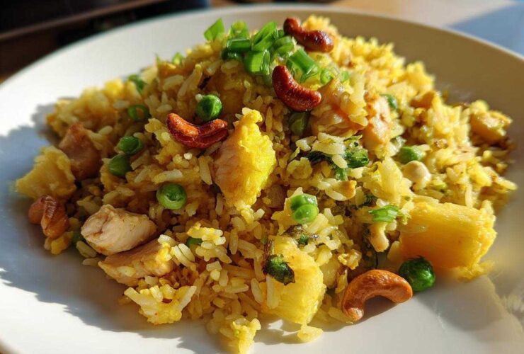 Close-up of a plate of vibrant yellow pineapple fried rice, featuring chunks of chicken, peas, pineapple, and topped with cashews and green onions.