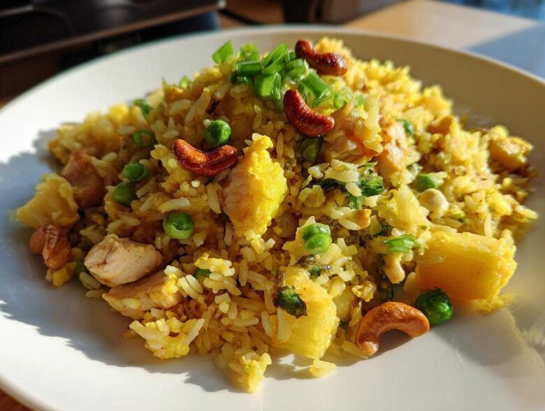 Close-up of a plate of vibrant yellow pineapple fried rice, featuring chunks of chicken, peas, pineapple, and topped with cashews and green onions.