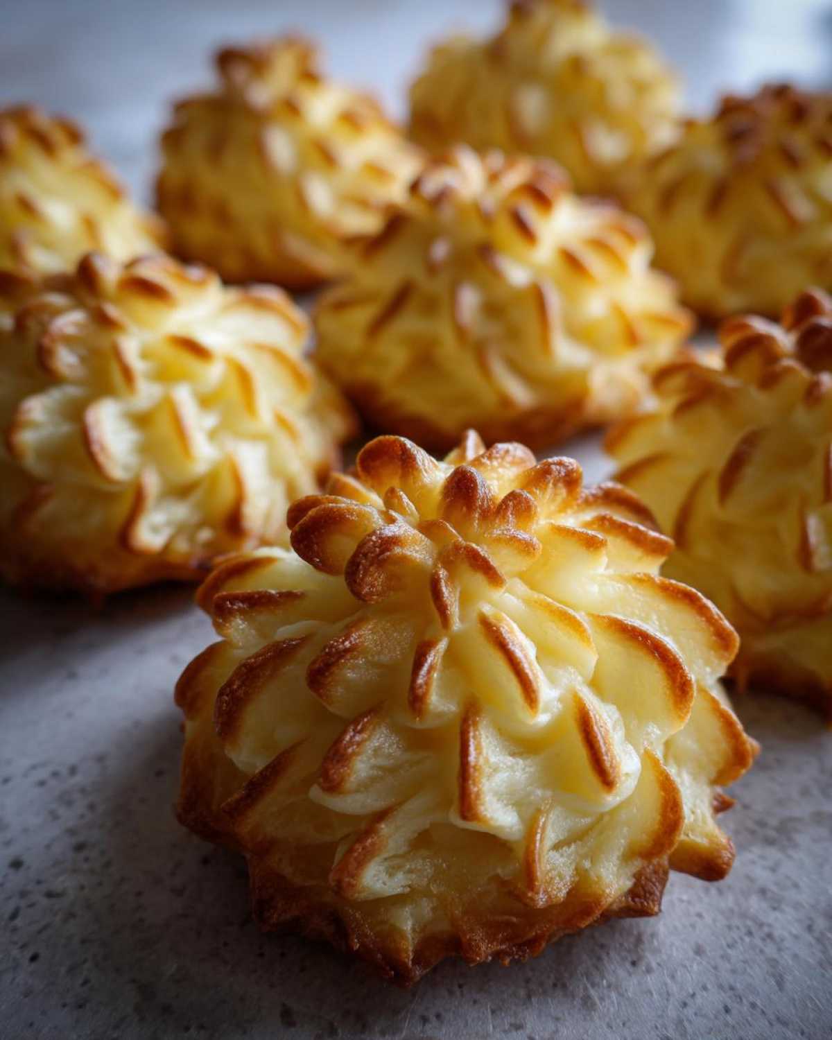 Close-up of beautifully piped and baked duchess potatoes with golden brown edges.