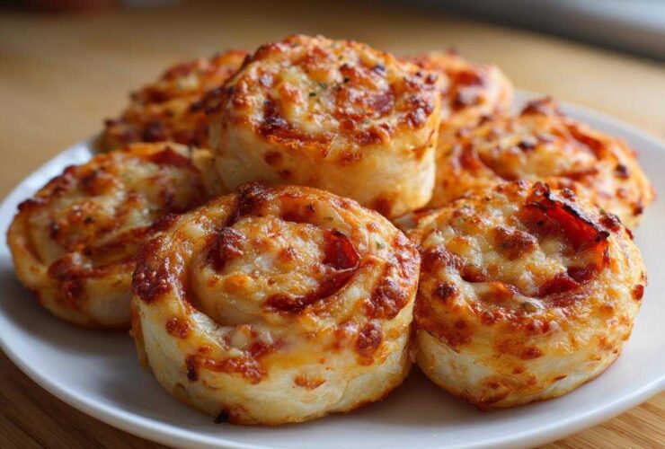 A close-up of several freshly baked, golden brown pizza pinwheels piled on a white plate.
