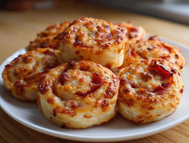 A close-up of several freshly baked, golden brown pizza pinwheels piled on a white plate.