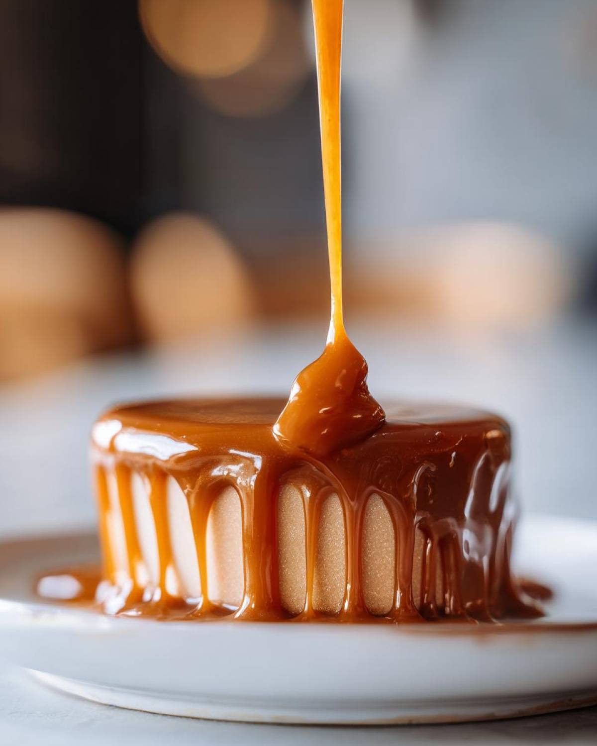 Thick, glossy caramel sauce being poured over a small, round dessert on a white plate.
