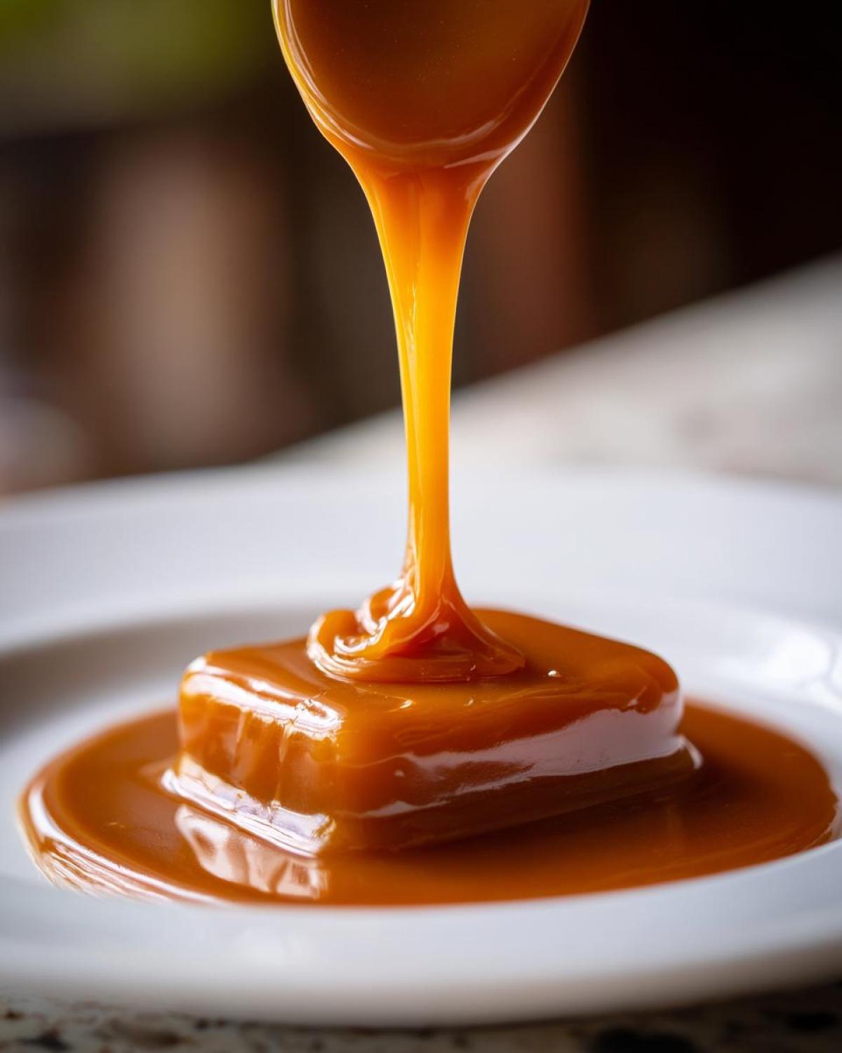 Close-up of thick, glossy caramel sauce being poured from a spoon over a square of fudge or candy.