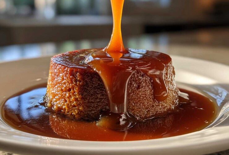 A stream of rich caramel sauce is being poured over a small, round cake or pudding, creating a glossy pool.