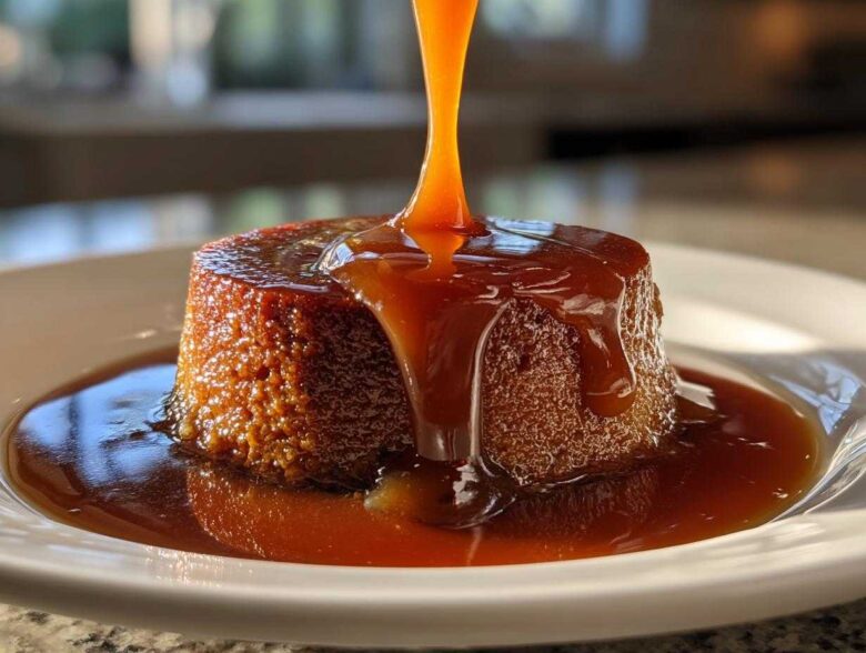 A stream of rich caramel sauce is being poured over a small, round cake or pudding, creating a glossy pool.