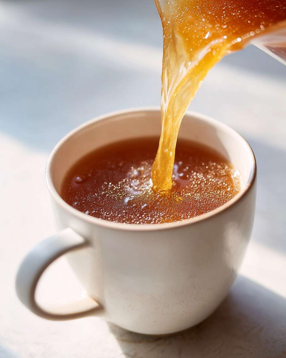 Close-up of thick, golden bone broth recipe being poured into a white ceramic mug.