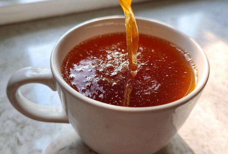 Close-up of rich, dark amber bone broth recipe being poured into a white mug, showing its thick, gelatinous consistency.