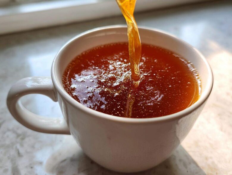 Close-up of rich, dark amber bone broth recipe being poured into a white mug, showing its thick, gelatinous consistency.