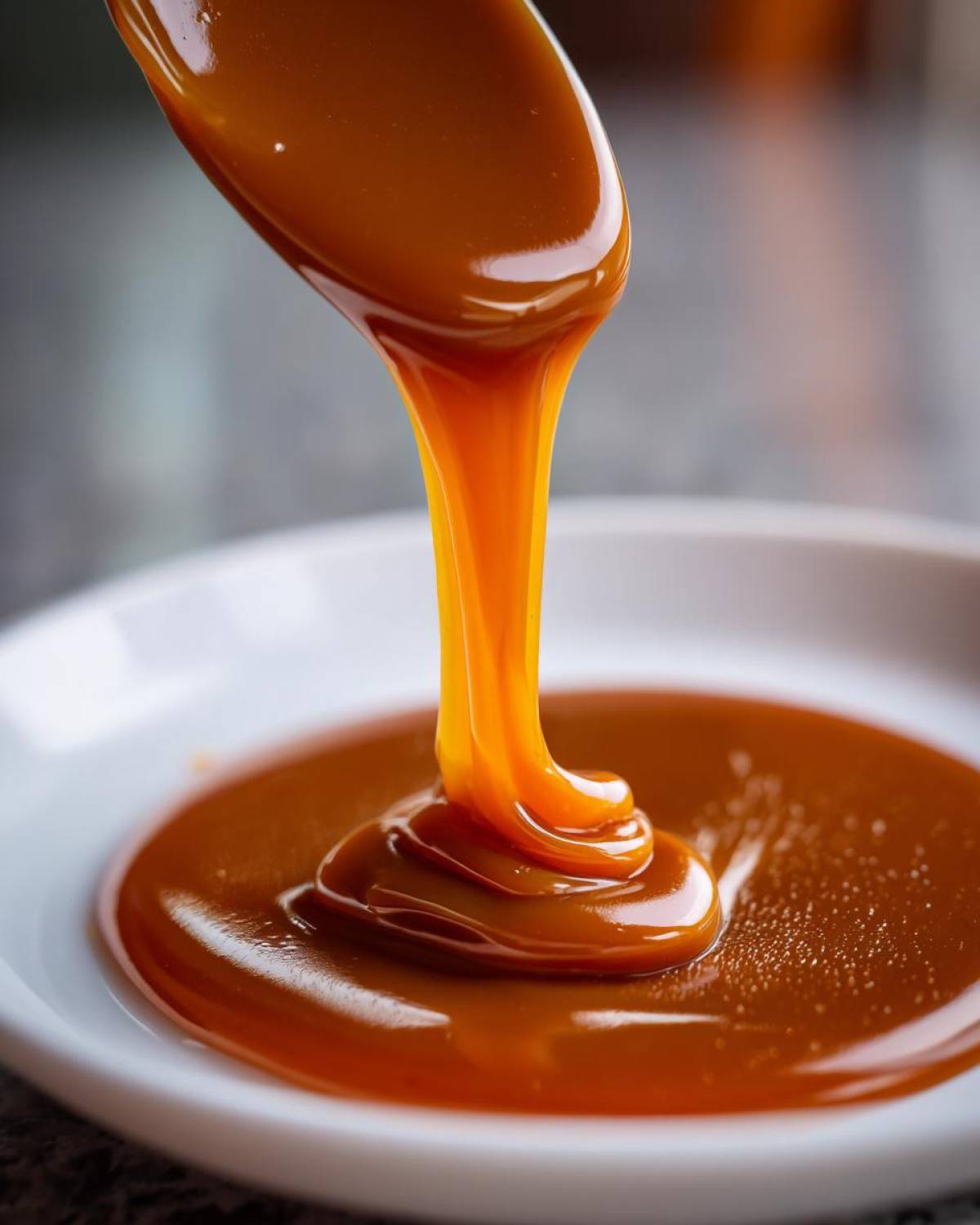 Close-up of thick, glossy caramel sauce being poured from a spoon onto a white plate.