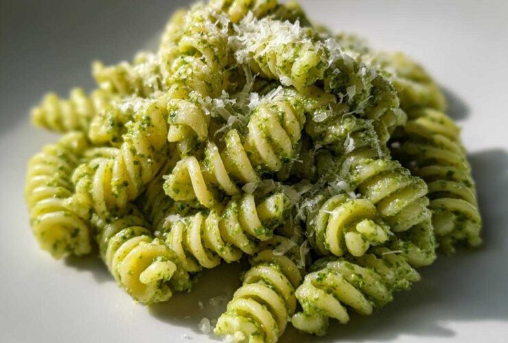 Close-up of fusilli protein pasta tossed in bright green pesto and topped with grated Parmesan cheese.