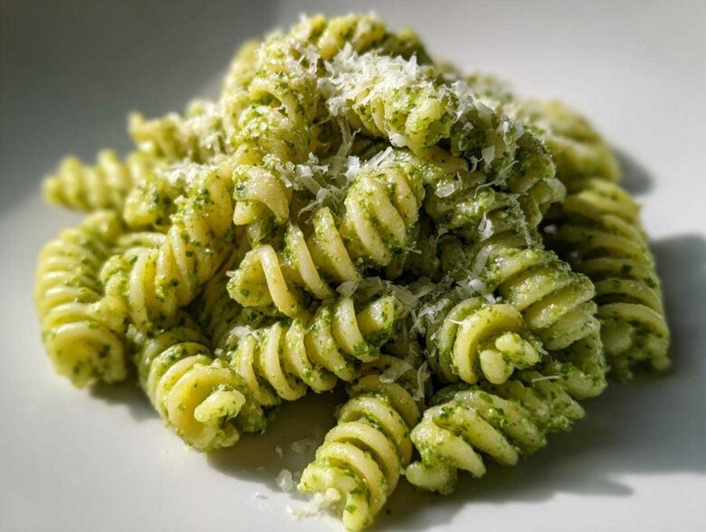 Close-up of fusilli protein pasta tossed in bright green pesto and topped with grated Parmesan cheese.