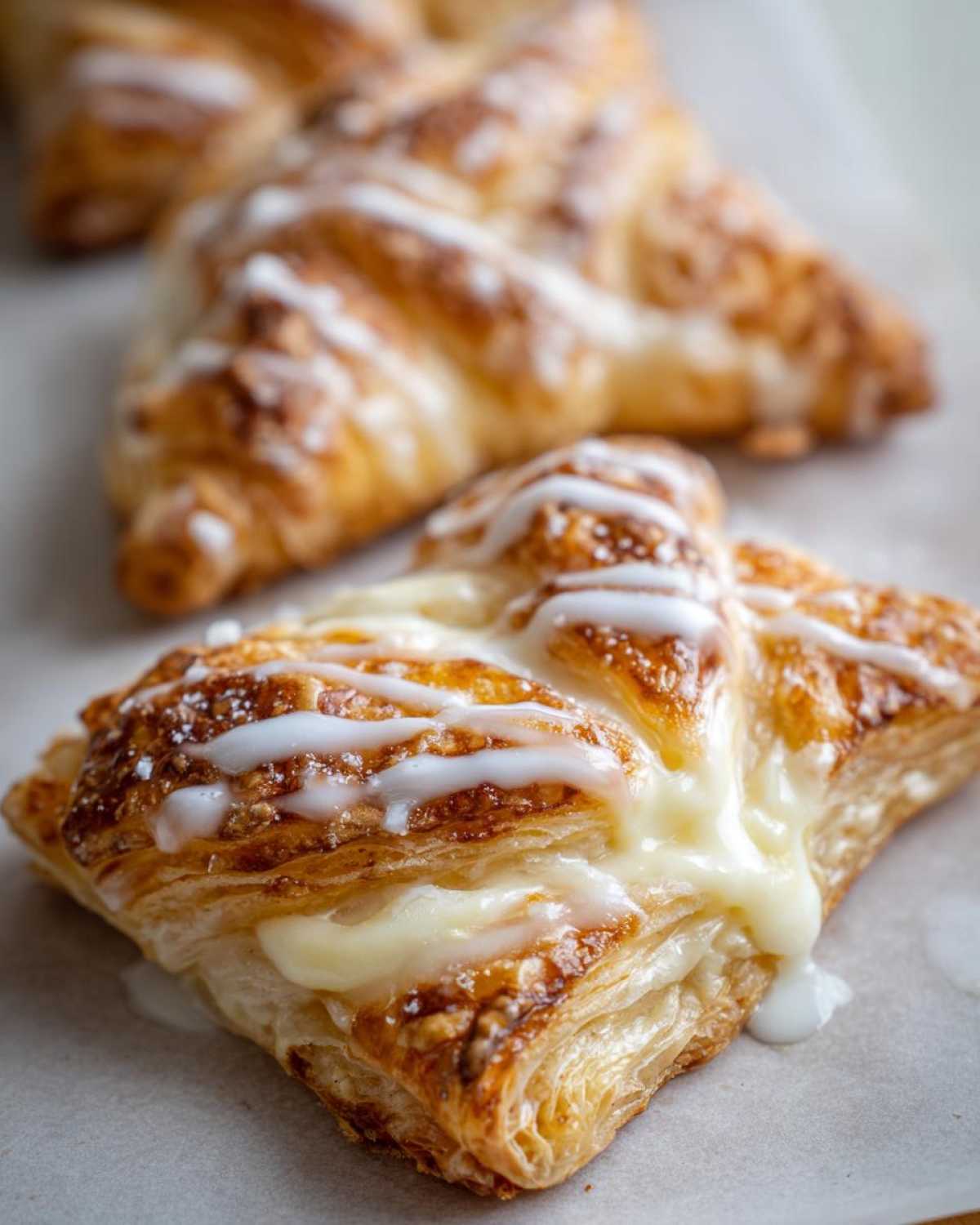 A close-up of a golden-brown puff pastry danish with cream cheese filling drizzled with white icing.