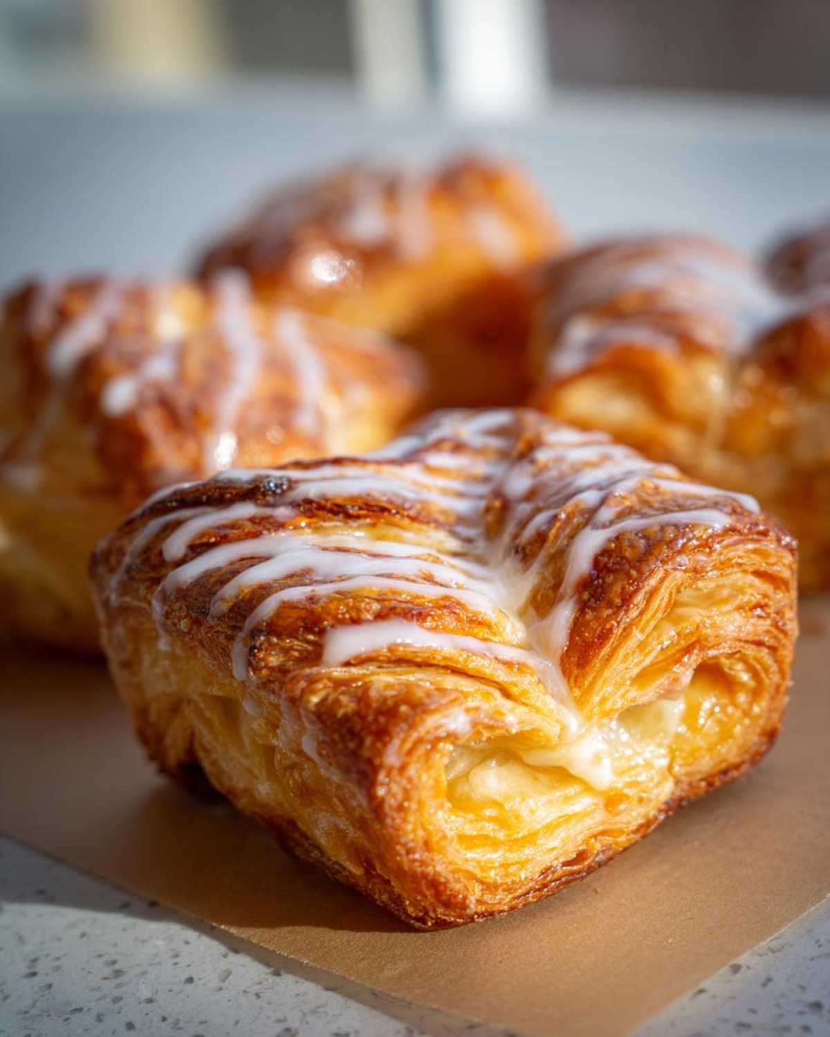 Close-up of a golden, flaky puff pastry danish with cream cheese filling and white icing drizzle.