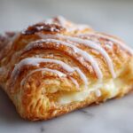 A golden baked puff pastry danish with cream cheese filling visible, drizzled with white icing and dusted with powdered sugar.