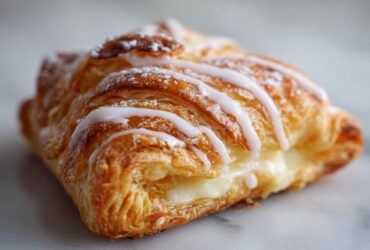 A golden baked puff pastry danish with cream cheese filling visible, drizzled with white icing and dusted with powdered sugar.