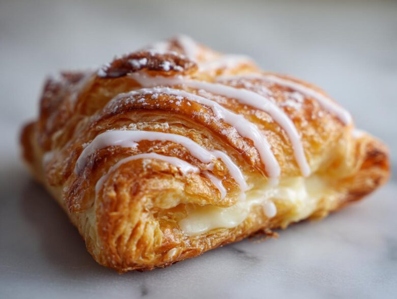 A golden baked puff pastry danish with cream cheese filling visible, drizzled with white icing and dusted with powdered sugar.