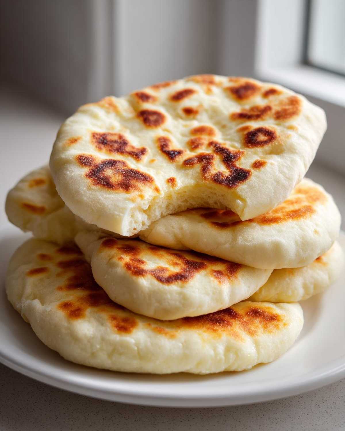 A stack of freshly cooked, puffy pita bread with golden-brown charred spots, one piece having a bite taken out.