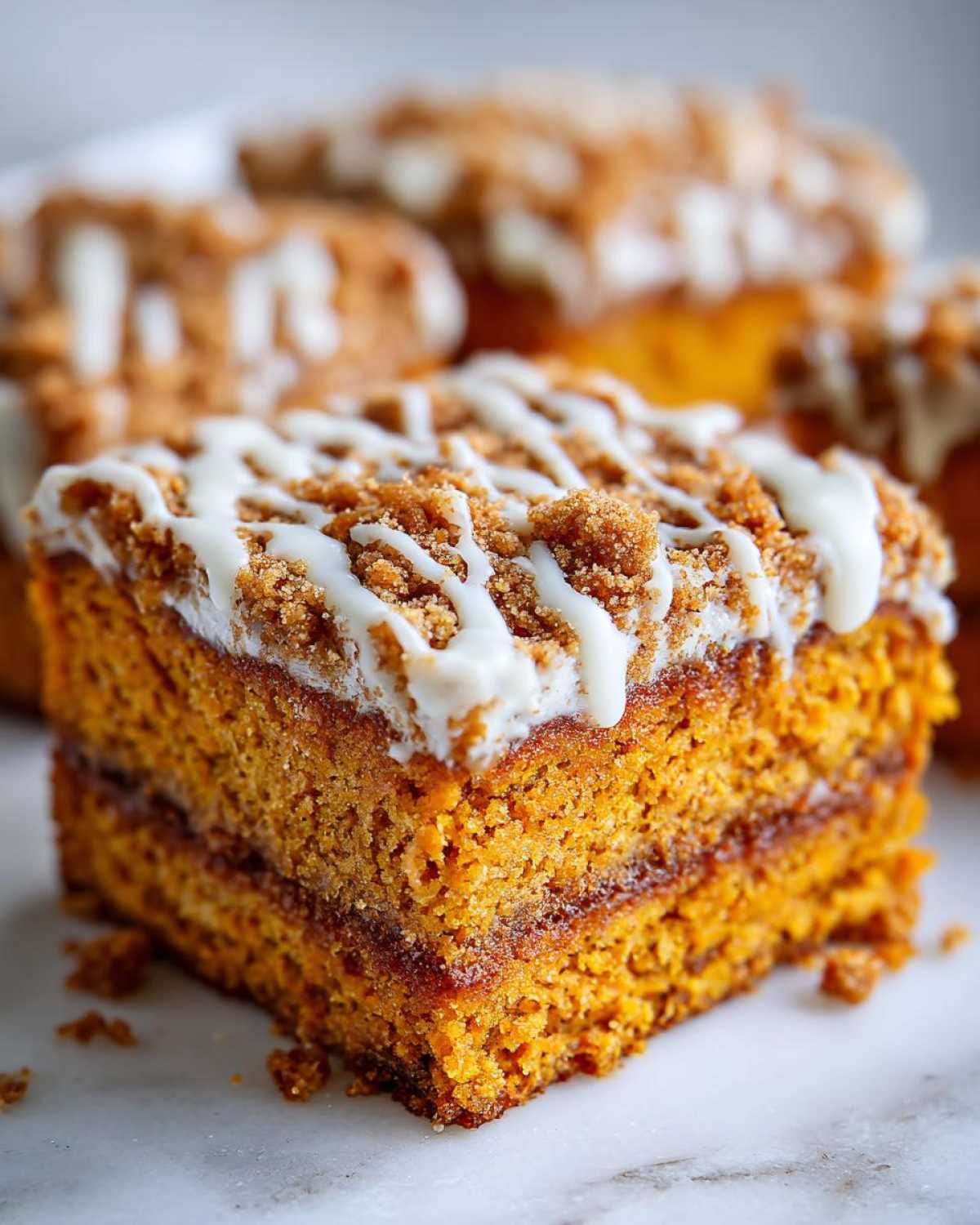 A moist, square slice of pumpkin coffee cake featuring a cinnamon swirl layer, streusel topping, and white icing drizzle.
