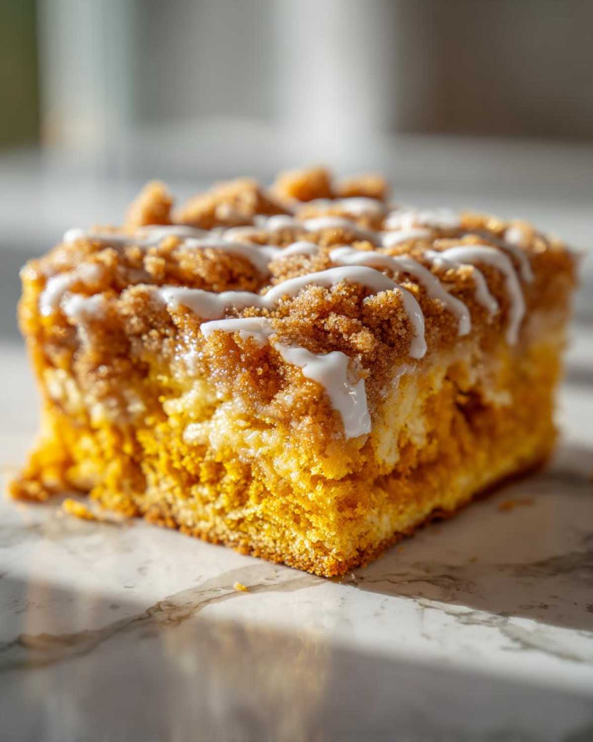 Close-up of a single slice of bright orange pumpkin coffee cake topped with brown sugar streusel and white icing drizzle.