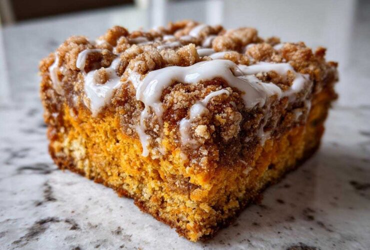 Close-up of a moist slice of pumpkin coffee cake topped with cinnamon streusel and white vanilla glaze.