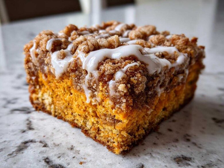 Close-up of a moist slice of pumpkin coffee cake topped with cinnamon streusel and white vanilla glaze.