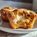 A close-up shot of a Pumpkin Cream Cheese Muffins, one of which is broken open to show the creamy white filling inside.