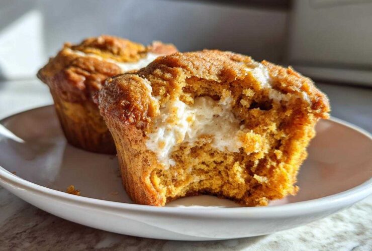 A close-up shot of a Pumpkin Cream Cheese Muffins, one of which is broken open to show the creamy white filling inside.