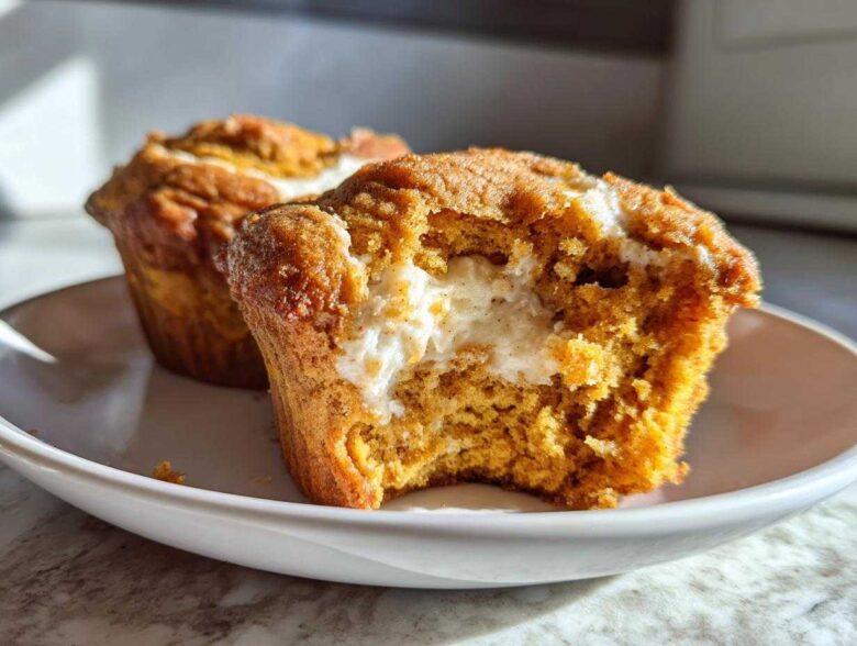 A close-up shot of a Pumpkin Cream Cheese Muffins, one of which is broken open to show the creamy white filling inside.