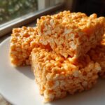 Close-up of several squares of orange-tinted Pumpkin Spice Rice Krispie Treats stacked on a white plate near a window.