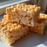 Three square portions of orange-tinted Pumpkin Spice Rice Krispie Treats stacked on a white plate near a window.