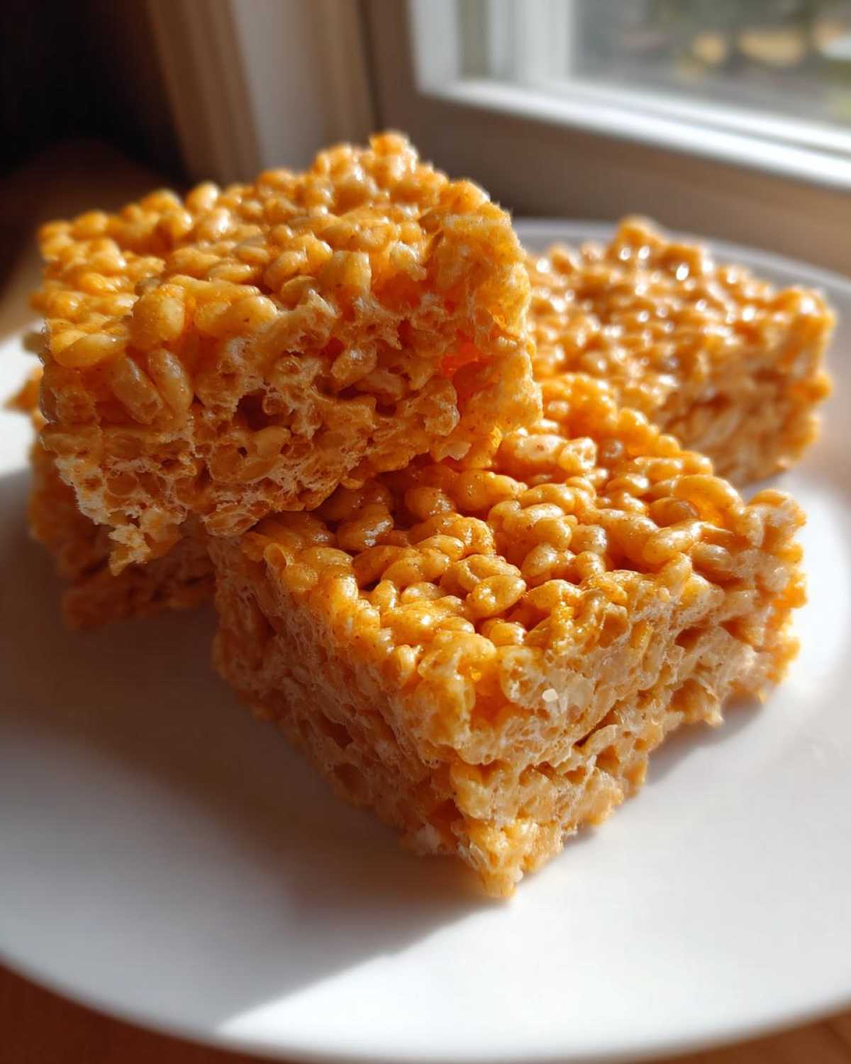Three golden-orange squares of sticky Pumpkin Spice Rice Krispie Treats stacked on a white plate near a window.