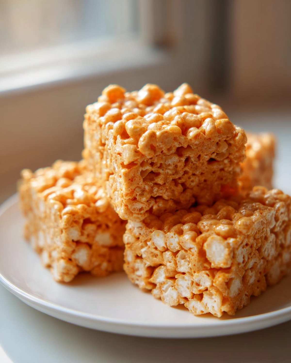 Close-up of stacked, square Pumpkin Spice Rice Krispie Treats on a white plate.