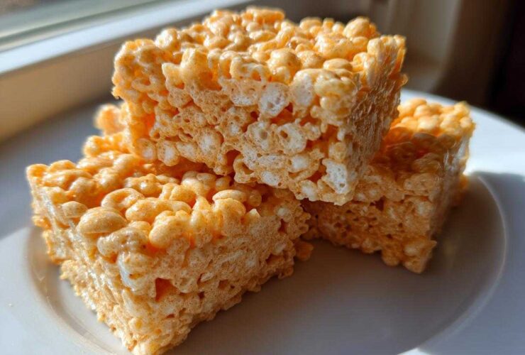 Three square portions of orange-tinted Pumpkin Spice Rice Krispie Treats stacked on a white plate near a window.