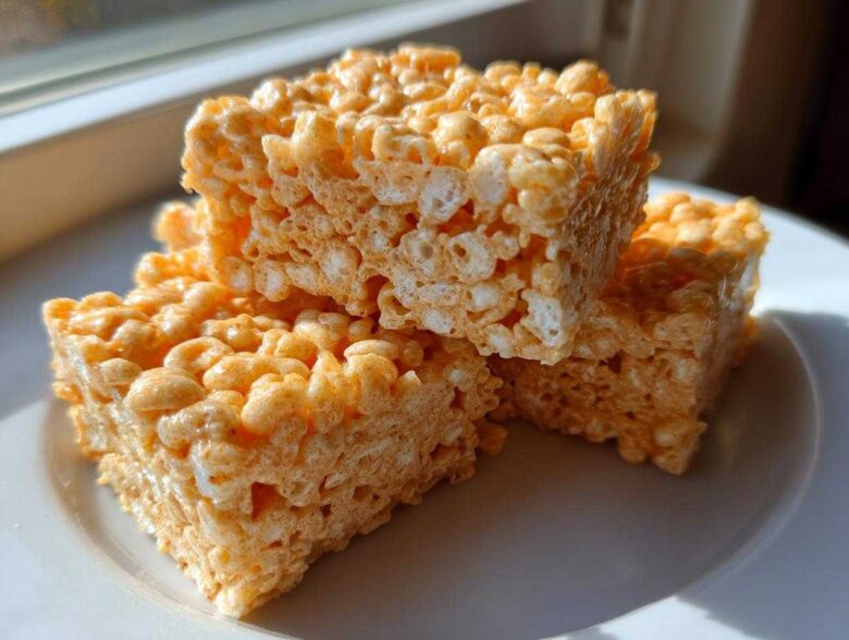 Three square portions of orange-tinted Pumpkin Spice Rice Krispie Treats stacked on a white plate near a window.