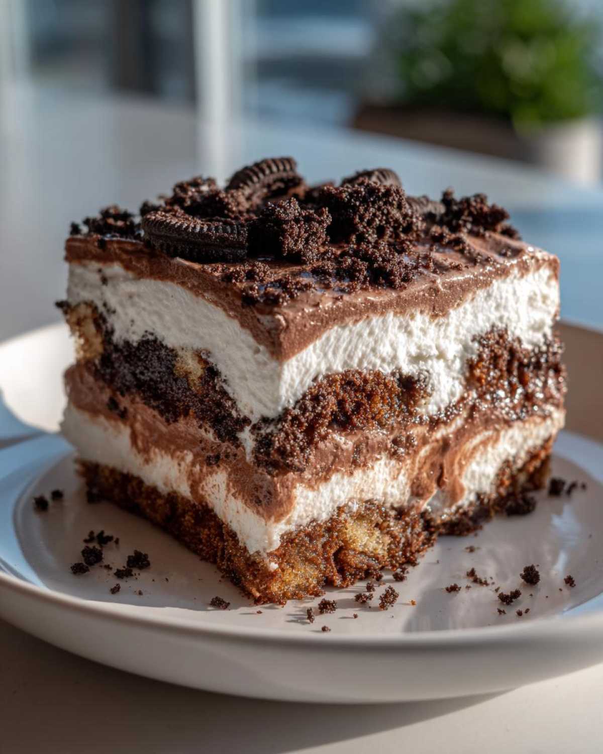 A rich, layered slice of chocolate and cream dessert, perfect for a quick & easy decadent dessert.