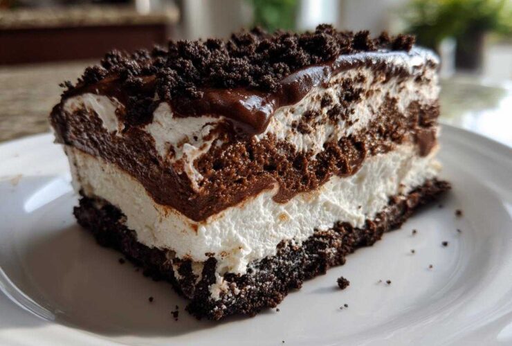 Close-up of a slice of quick & easy decadent dessert with layers of chocolate mousse, white cream, and a dark cookie crust.