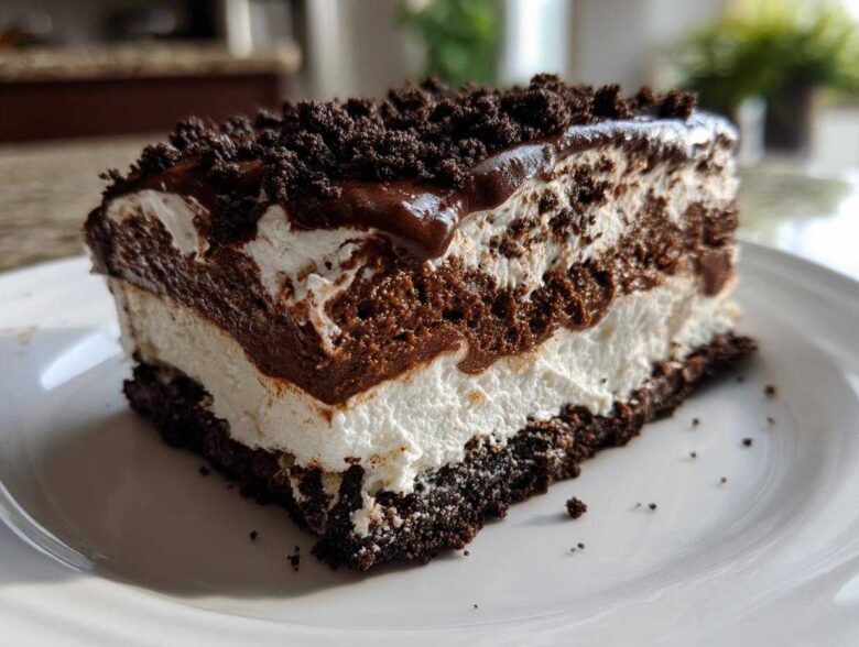 Close-up of a slice of quick & easy decadent dessert with layers of chocolate mousse, white cream, and a dark cookie crust.