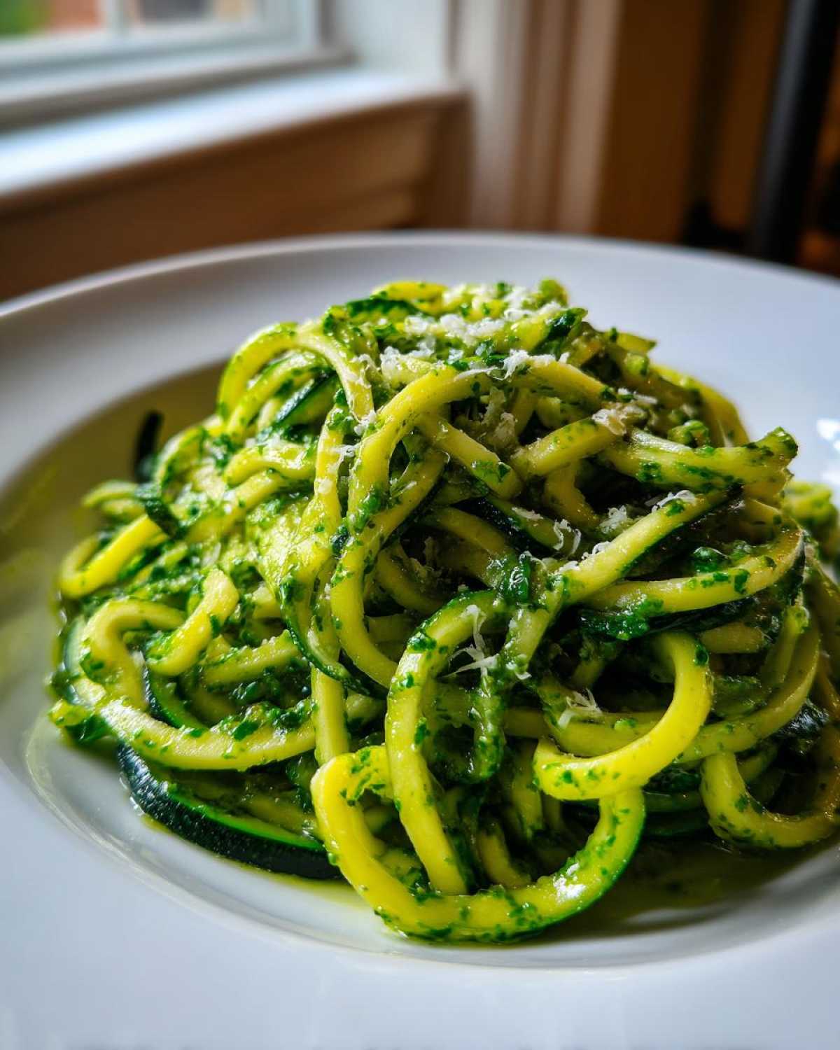 A close-up of a serving of Quick Zucchini Noodles with Pesto, topped with grated cheese, in a white bowl.