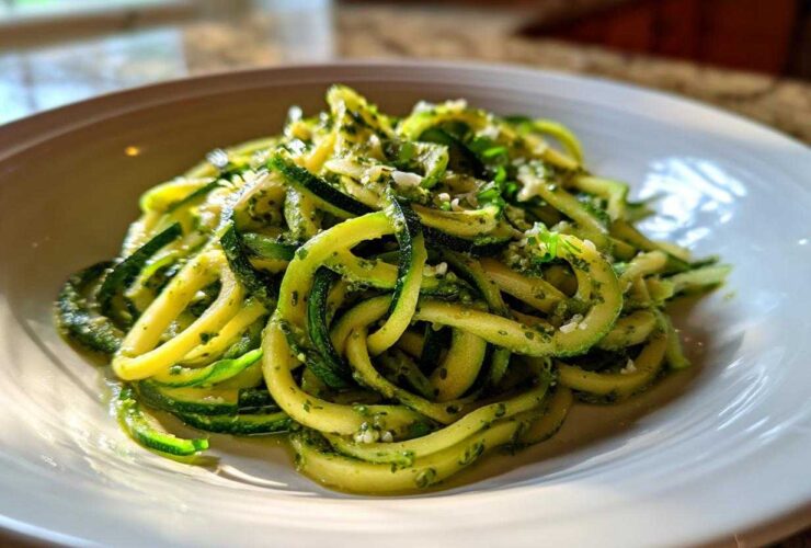 A close-up of Quick Zucchini Noodles with Pesto tossed in a white bowl, highlighting the green spirals.