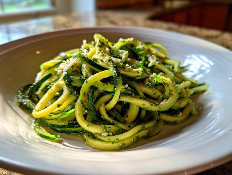 A close-up of Quick Zucchini Noodles with Pesto tossed in a white bowl, highlighting the green spirals.