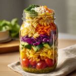 A vibrant, layered Rainbow Veggie Pasta Salad Jars packed in a mason jar, showing pesto dressing, tomatoes, corn, zucchini, cabbage, carrots, and pasta.