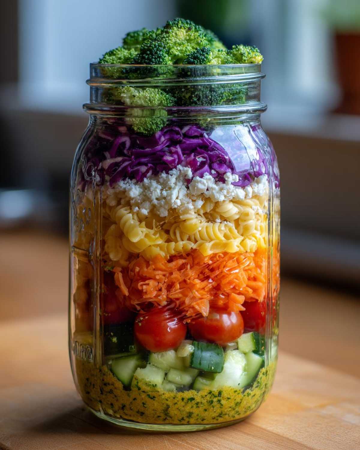 Close-up of a Rainbow Veggie Pasta Salad Jars showing distinct colorful layers: pesto, cucumber, tomatoes, carrots, pasta, cheese, and broccoli.