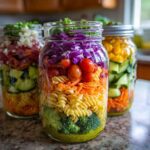 Three layered Rainbow Veggie Pasta Salad Jars showing colorful ingredients like broccoli, pasta, carrots, tomatoes, and cabbage.