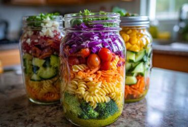 Three layered Rainbow Veggie Pasta Salad Jars showing colorful ingredients like broccoli, pasta, carrots, tomatoes, and cabbage.